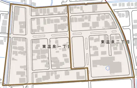 東温泉とその周辺の地図。町の範囲を重ねている