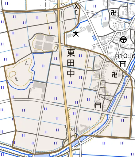 東田中とその周辺の地図。町の範囲を重ねている