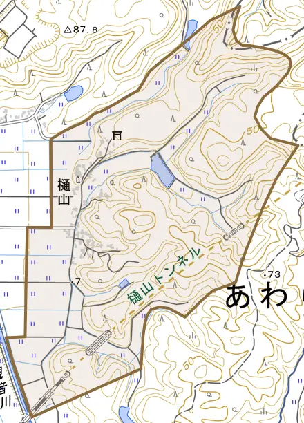 樋山とその周辺の地図。町の範囲を重ねている