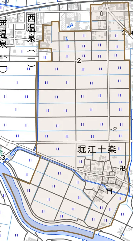 堀江十楽とその周辺の地図。町の範囲を重ねている