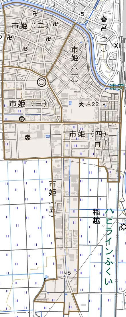 市姫とその周辺の地図。町の範囲を重ねている