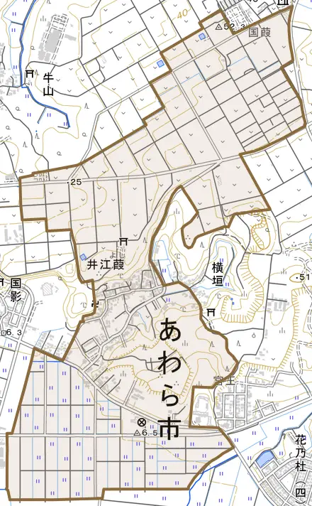 井江葭とその周辺の地図。町の範囲を重ねている