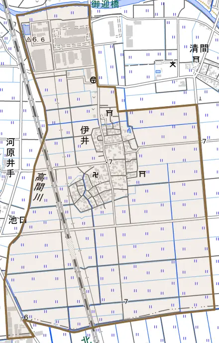 伊井とその周辺の地図。町の範囲を重ねている