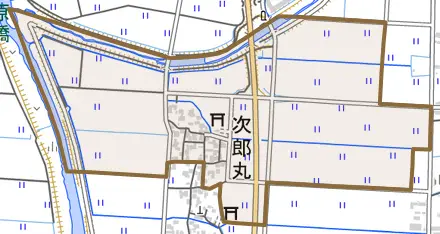 次郎丸とその周辺の地図。町の範囲を重ねている