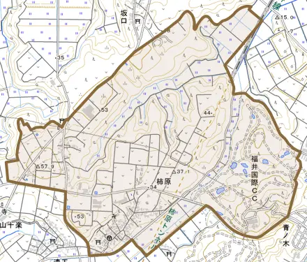 柿原とその周辺の地図。町の範囲を重ねている