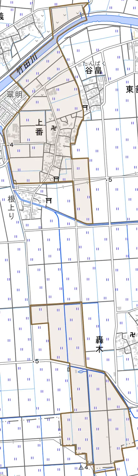 上番とその周辺の地図。町の範囲を重ねている
