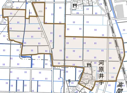 河原井手とその周辺の地図。町の範囲を重ねている