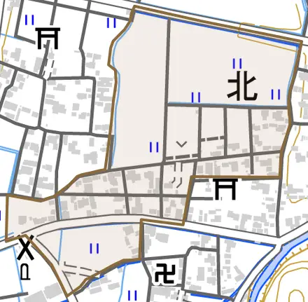 北とその周辺の地図。町の範囲を重ねている