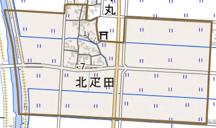 北疋田とその周辺の地図。町の範囲を重ねている