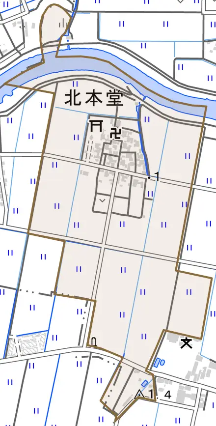 北本堂とその周辺の地図。町の範囲を重ねている