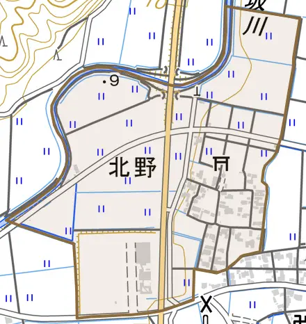北野とその周辺の地図。町の範囲を重ねている