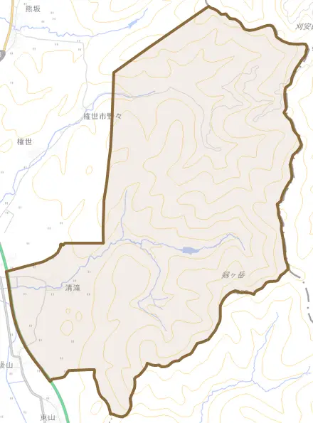 清滝とその周辺の地図。町の範囲を重ねている