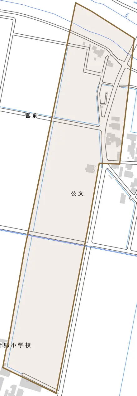 公文とその周辺の地図。町の範囲を重ねている