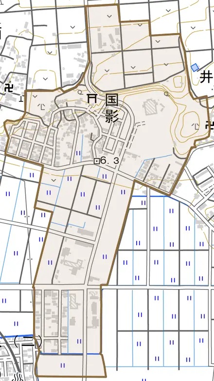 国影とその周辺の地図。町の範囲を重ねている