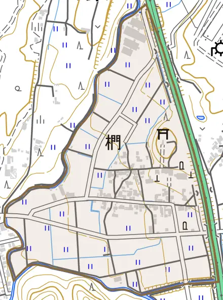 椚とその周辺の地図。町の範囲を重ねている