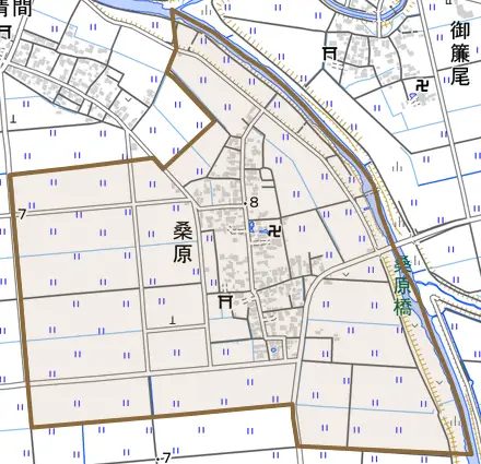 桑原とその周辺の地図。町の範囲を重ねている