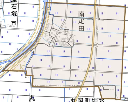 南疋田とその周辺の地図。町の範囲を重ねている