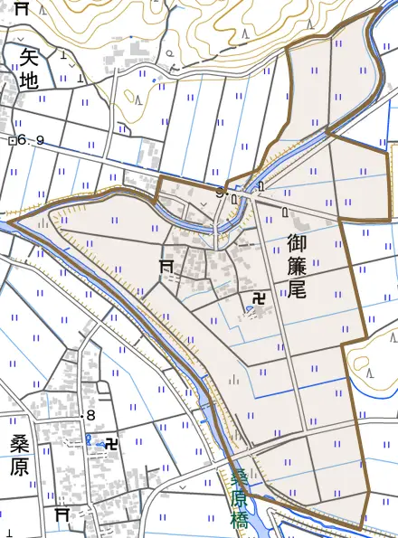 御簾尾とその周辺の地図。町の範囲を重ねている