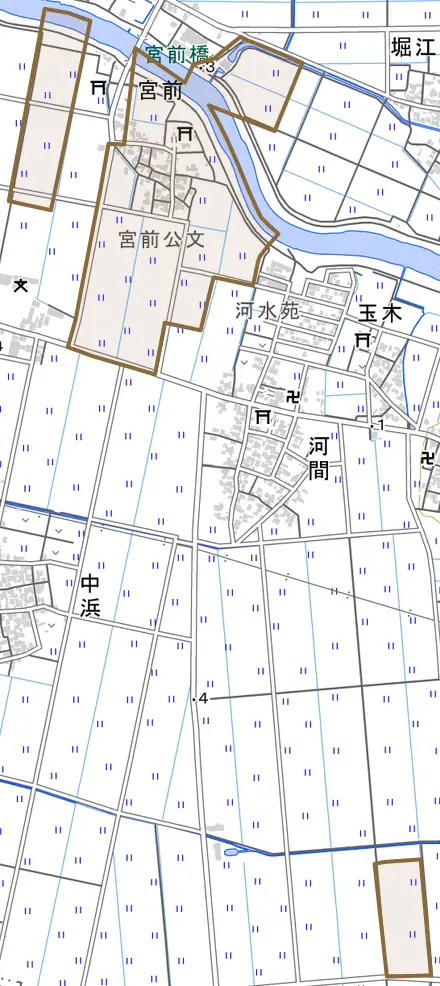 宮前とその周辺の地図。町の範囲を重ねている