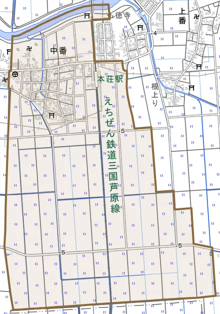 中番とその周辺の地図。町の範囲を重ねている