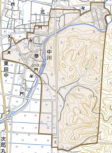 中川とその周辺の地図。町の範囲を重ねている