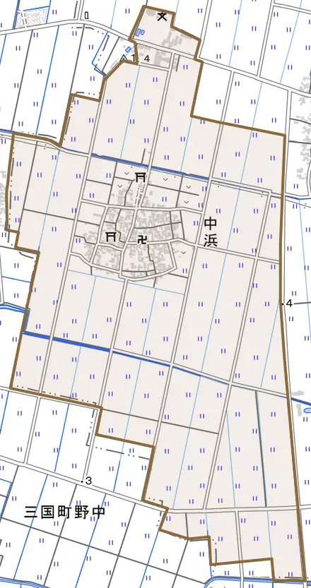中浜とその周辺の地図。町の範囲を重ねている