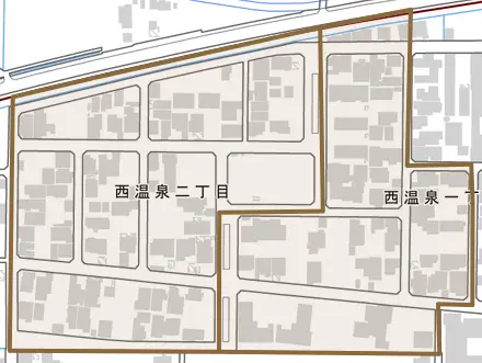 西温泉とその周辺の地図。町の範囲を重ねている