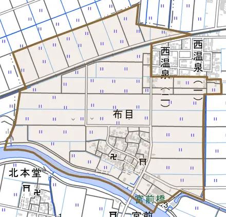 布目とその周辺の地図。町の範囲を重ねている