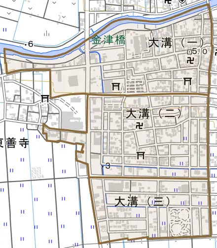 大溝とその周辺の地図。町の範囲を重ねている