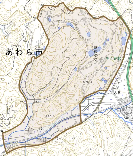 沢とその周辺の地図。町の範囲を重ねている