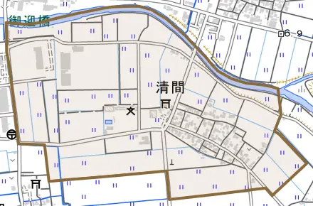 清間とその周辺の地図。町の範囲を重ねている