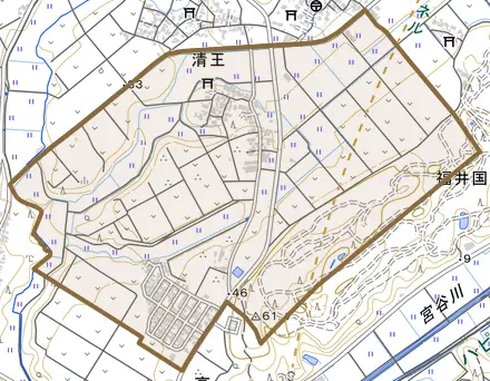 清王とその周辺の地図。町の範囲を重ねている
