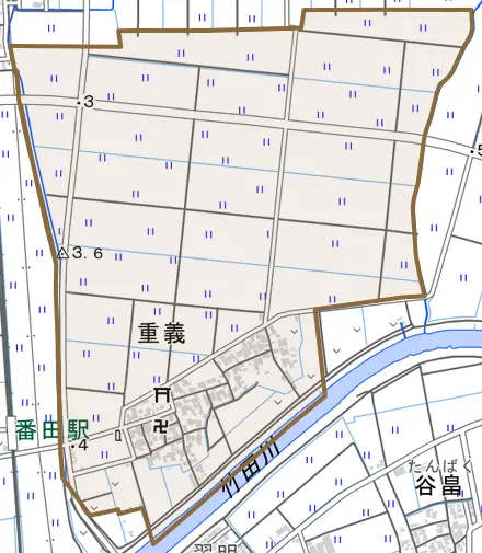 重義とその周辺の地図。町の範囲を重ねている