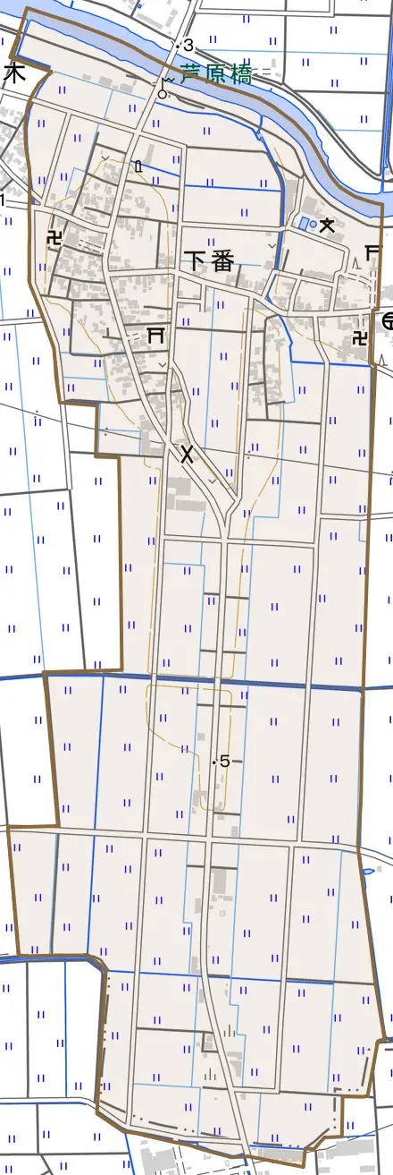 下番とその周辺の地図。町の範囲を重ねている