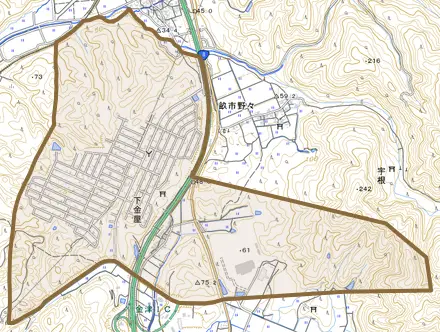 下金屋とその周辺の地図。町の範囲を重ねている