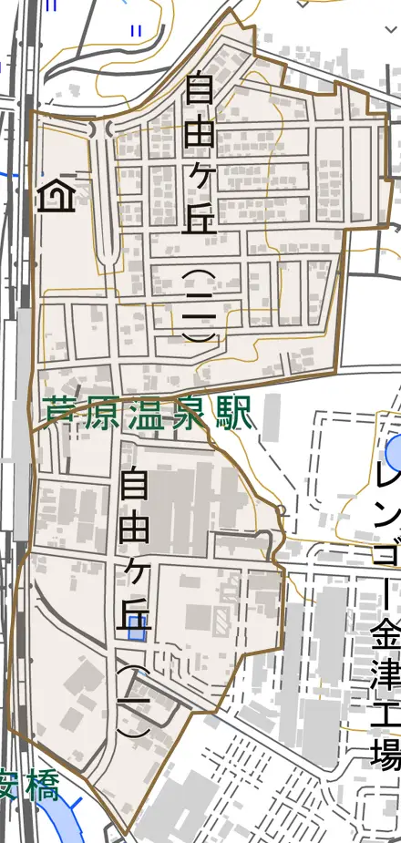 自由ケ丘とその周辺の地図。町の範囲を重ねている