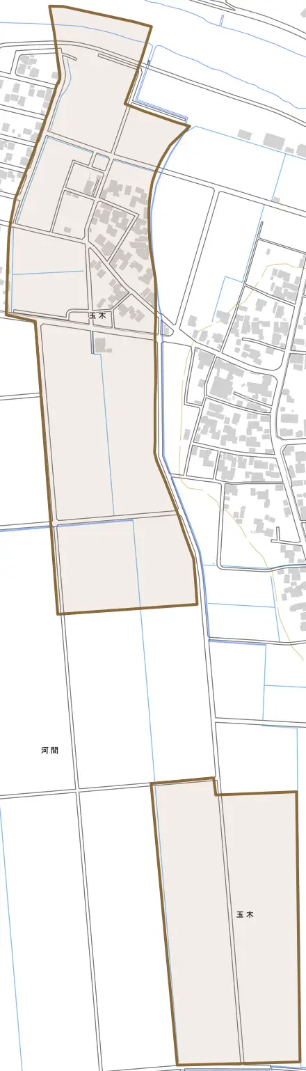 玉木とその周辺の地図。町の範囲を重ねている