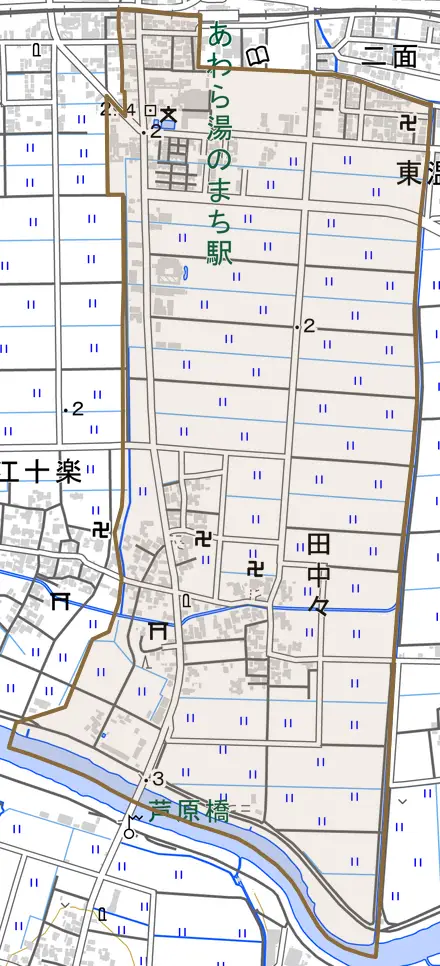 田中々とその周辺の地図。町の範囲を重ねている