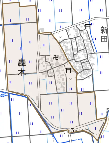 轟木とその周辺の地図。町の範囲を重ねている