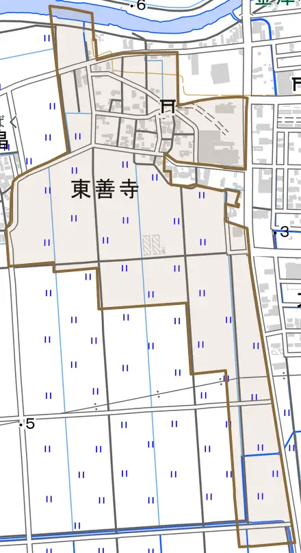東善寺とその周辺の地図。町の範囲を重ねている
