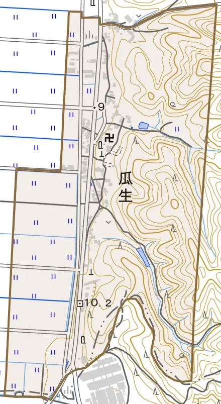 瓜生とその周辺の地図。町の範囲を重ねている