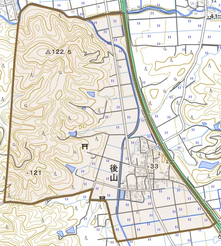 後山とその周辺の地図。町の範囲を重ねている