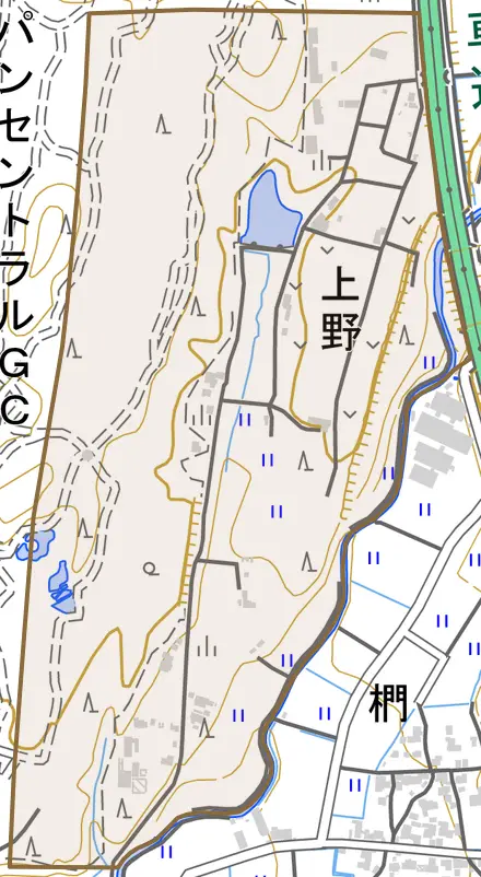 上野とその周辺の地図。町の範囲を重ねている