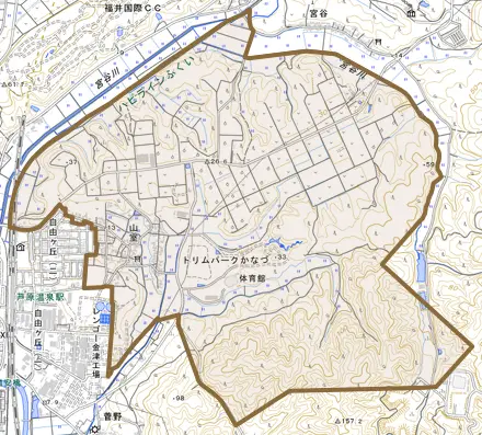 山室とその周辺の地図。町の範囲を重ねている