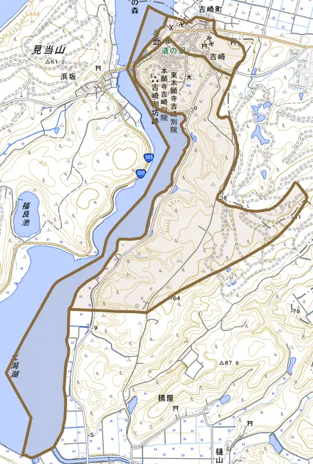 吉崎とその周辺の地図。町の範囲を重ねている