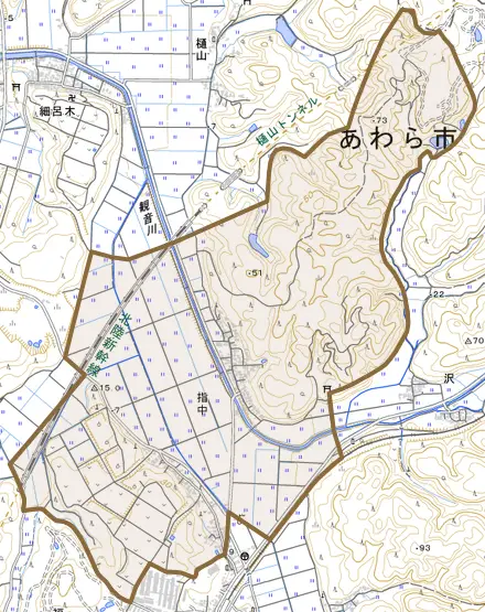 指中とその周辺の地図。町の範囲を重ねている