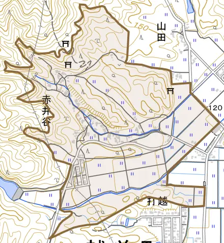 赤井谷とその周辺の地図。町の範囲を重ねている