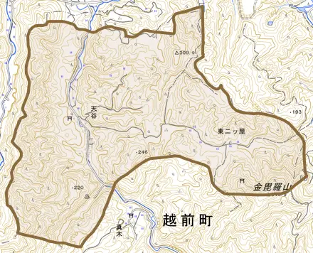 天谷とその周辺の地図。町の範囲を重ねている