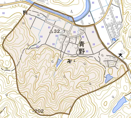 青野とその周辺の地図。町の範囲を重ねている