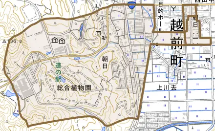 朝日とその周辺の地図。町の範囲を重ねている